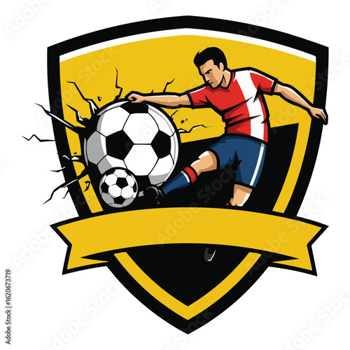 Soccer player kicking ball breaking shield, sport club logo