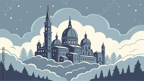 Majestic winter castle scene with snowcovered towers and domes, surrounded by fluffy clouds and twinkling stars in the night sky cartoon illustration
