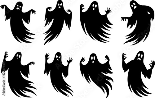 unique pure black silhouette vector illustrations of a ghost floating with arms out