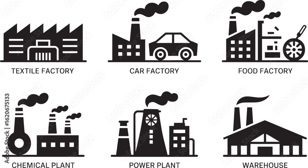 Obraz premium Factory Silhouettes Collection Industrial Buildings Set Manufacturing Plants Vector Illustration