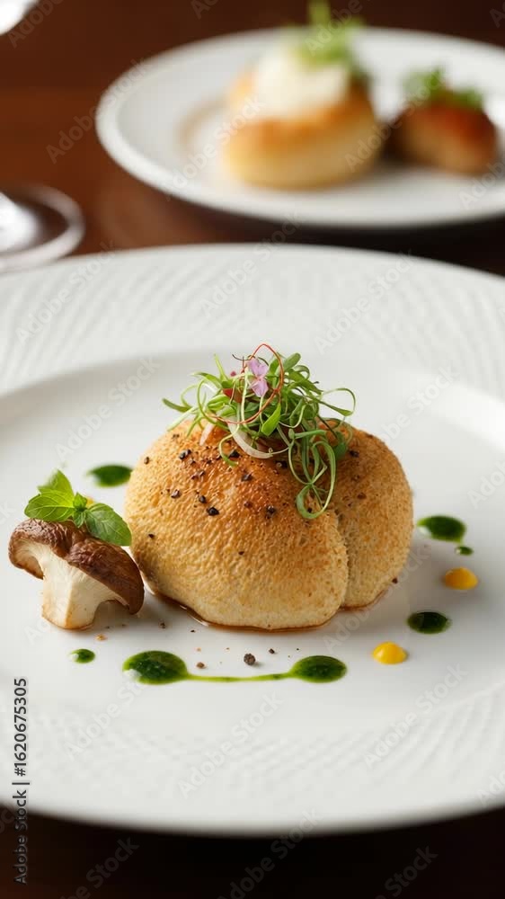 Gourmet mushroom bread dish elegantly plated in a fine dining restaurant. Artfully presented appetizer with shiitake and microgreens on a white textured plate. Gourmet mushroom bread dish elegantly plated in a fine dining restaurant. Artfully presented appetizer with shiitake and microgreens on a white textured plate.