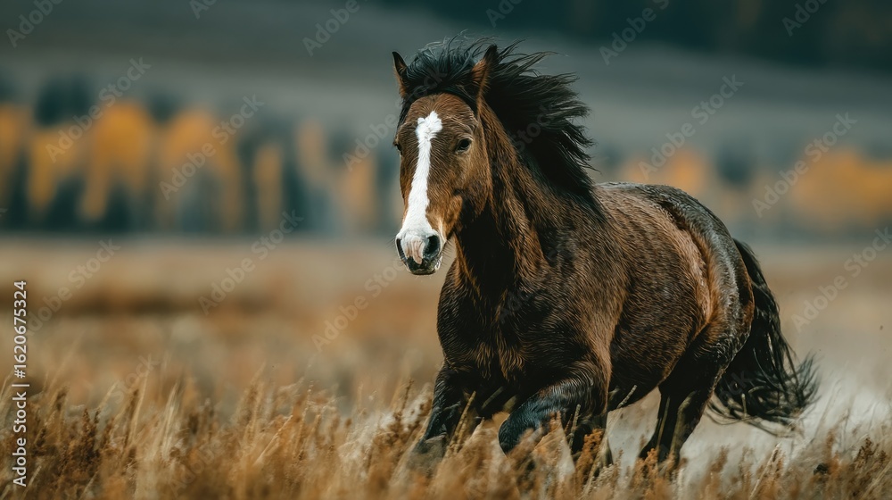Fototapeta premium Brown horse galloping through golden grass field