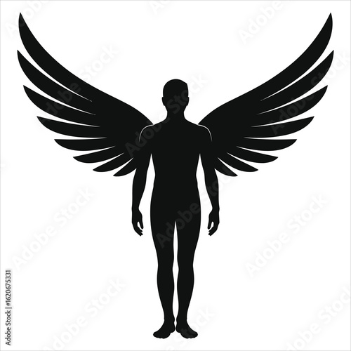 Silhouette of Winged Man Standing with Spread Wings – Black and White Vector Illustration Symbolizing Angel, Freedom, Guardian, Spirituality, Ascension, Power, and Celestial or Mythical Being