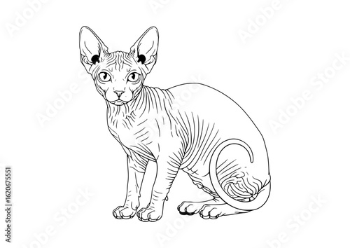 A Sphynx cat is seen sitting in a relaxed position