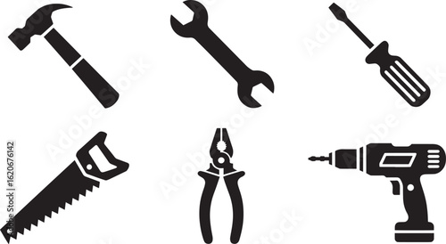 Hand Tools Assortment Hammer, Wrench, Screwdriver, Saw, Pliers, and Drill Vector Graphics