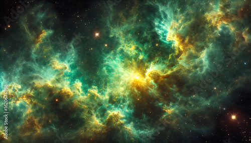 A mesmerizing green and yellow cosmic nebula in deep space. The nebula is vast, filled with swirling clouds of green and yellow gases,