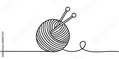 Ball of yarn. Clew ball of thread. Vector illustration, Ball of yarn in continuous one line art drawing style, Clew ball of thread. Continuous one line drawing, Ball of yarn one line drawing