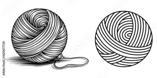 Ball of yarn. Clew ball of thread. Vector illustration, Ball of yarn in continuous one line art drawing style, Clew ball of thread. Continuous one line drawing, Ball of yarn one line drawing