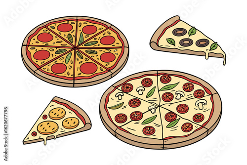 set of watercolor pizza vector illustration isolated on white background