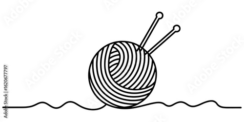 Ball of yarn. Clew ball of thread. Vector illustration, Ball of yarn in continuous one line art drawing style, Clew ball of thread. Continuous one line drawing, Ball of yarn one line drawing