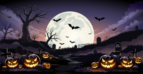 Tableau sur toile Chambre d’enfants Happy Halloween Banner, Halloween cemetery landscape with old house, pumpkins and tombstones, vector background. Halloween holiday trick or treat party banner with midnight moon and cemetery.  © Aomarch