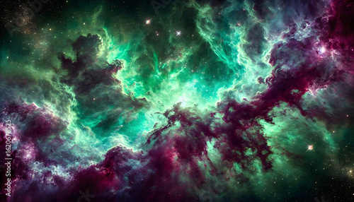 A stunning forest green and purple cosmic nebula in deep space. The nebula stretches across the vast expanse