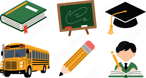 School Education Learning Study Knowledge Book Chalkboard Bus Pencil Student Vector Illustration