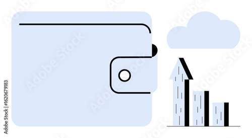Closed wallet next to upward-pointing bar graph under a cloud, symbolizing finances, investment, and digital innovation. Ideal for fintech, personal finance, savings, economy, business cloud tech