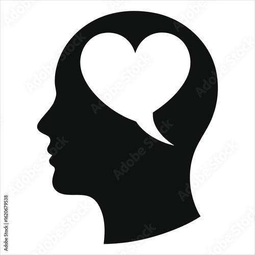 Vector Silhouette of a Head with a Heart in a Speech Bubble, Symbolizing Emotional Intelligence, Love, Empathy, and Thinking with Your Heart.