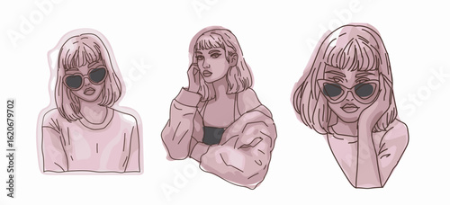 Vector illustration features three stylized portraits of a girl with short hair and bangs in a contemporary pop-art style. Muted pink and mauve shades, along with black sunglasses, give a trendy look.