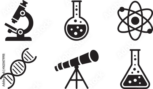 Science Lab Equipment Icons Set Microscope Flask Atom DNA Telescope Beaker Vector Art
