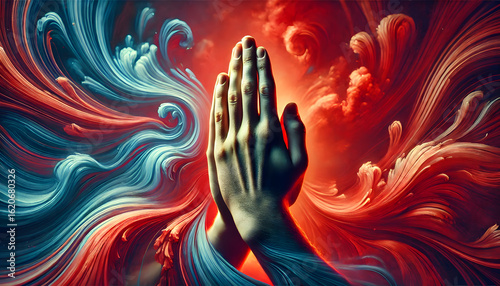  A human hand in a praying gesture, shown in the foreground, with a background of swirling red and blue tones. 