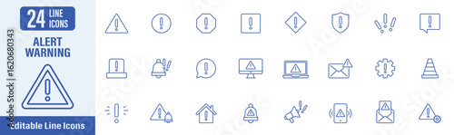 Alert and Warning web icons in line style. Contains icons as alert, warning, caution, hazard, attention sign, exclamation and more. Vector illustration.