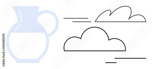 Milk jug with simple lines next to drifting clouds and motion streaks. Ideal for wellness, eco-design, nature, balance, flow, tranquility, sustainability. A simple flat metaphor