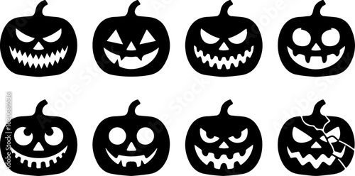 unique pure black silhouette vector illustrations of jack-o'-lanterns with scary faces