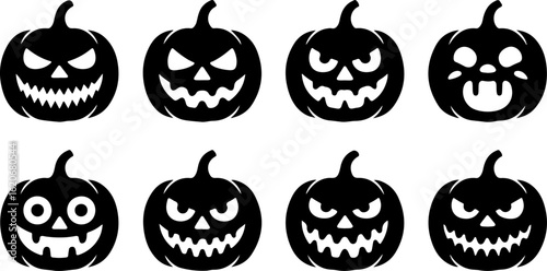 unique pure black silhouette vector illustrations of jack-o'-lanterns with scary faces