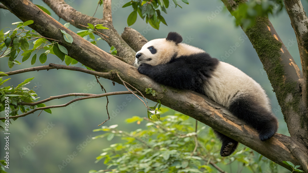 Obraz premium A giant panda rests on a tree branch surrounded by green leaves in the forest