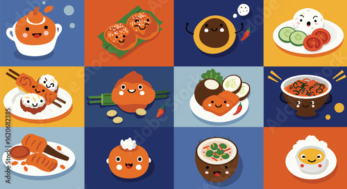 Flat Design Illustration Set of Cute Asian Food Characters