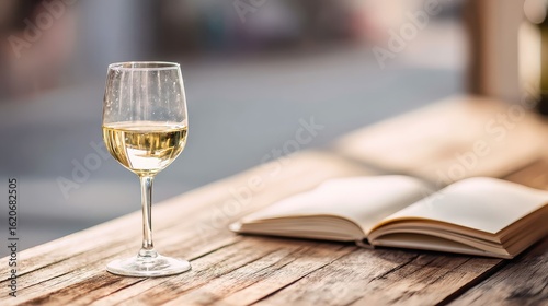 Wallpaper Mural Glass of white wine resting on rustic wooden table next to open book Torontodigital.ca