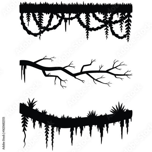 Jungle vines, mossy branch, and creeper silhouette set in black and white isolated vector illustration