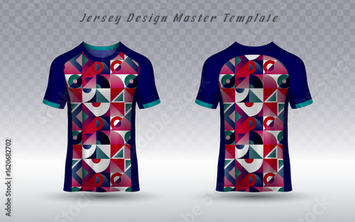 Abstract soccer jersey design template with a vibrant geometric pattern in a professional apparel mockup. This eye-catching vector is perfect for creating unique team kits, fashion sportswear