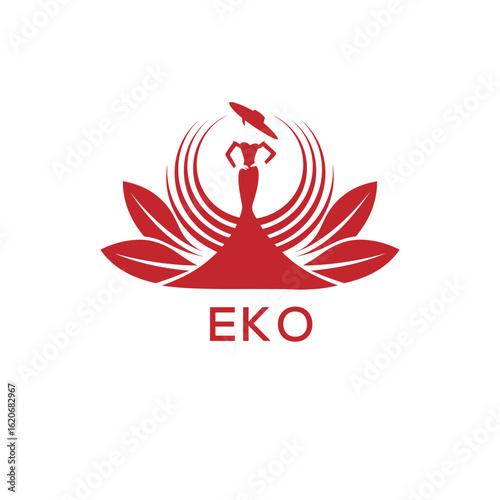 EKO Letter Logo. EKO Fashion Logo with Elegant Woman Silhouette, Hat, and Leaf Motif  Boutique, Beauty, or Event Branding Design.

