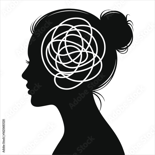 Silhouette of woman with tangled lines in head, mental health and anxiety concept, depression, stress, emotional disorder, psychological problem, black and white vector illustration, isolated on white