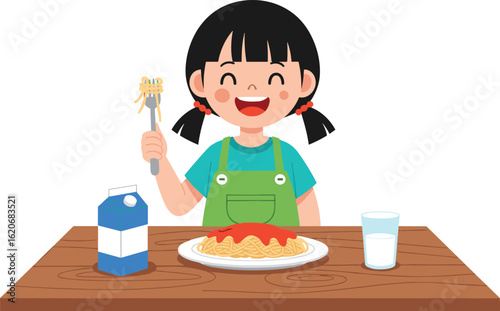 Child eating spaghetti, healthy food, milk drink, nutrition concept, family meal, balanced diet, mealtime joy, kid’s lunch, table setting, tomato pasta