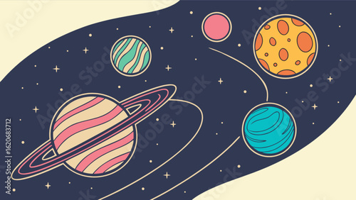 A vibrant cartoon illustration of planets in a colorful solar system, showcasing the beauty and wonder of space exploration and celestial bodies