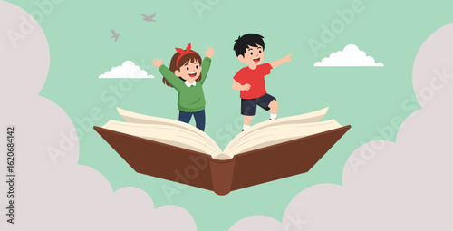 Children flying on magical book, reading adventure, imagination, storytime, kids learning concept, educational fantasy, sky background, clouds, joy.
