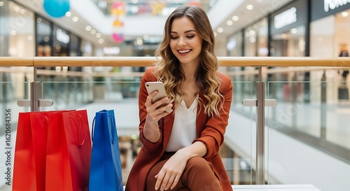 Young Woman Sitting in a Shopping Mall Looking at Her Phone with Shopping Bags