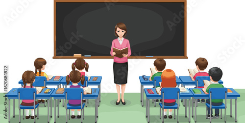 Classroom with teacher instructing students, learning environment, chalkboard, reading books, education, school desks, academic activity, classroom lesson, teaching