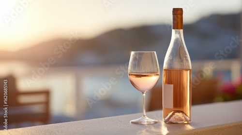 Rose wine tasting on a terrace during a beautiful sunset