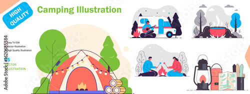 Colorful Camping Illustration Featuring a Tent Campfire Lantern Map and People Enjoying Outdoor Activities in Nature High Quality Vector Design