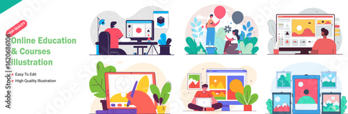Diverse Online Education and Courses Illustration Set Featuring Students Design Software and Collaborative Learning Environments for Digital Platforms