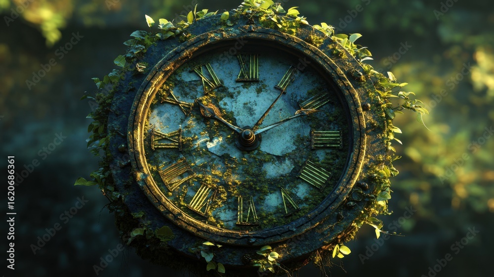 Fototapeta premium Analog clock with broken hour hand floating over green forest. Rejecting Clock Changes for Stable Human Rhythms and Environmental Harmony