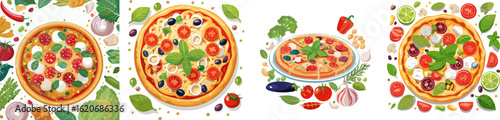 Collage of four Italian pizza illustrations with fresh toppings and ingredients on a white background.