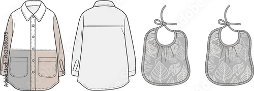 Flat sketch of kids color-block jacket with front pockets and gathered leaf print baby bibs, children fashion illustration design