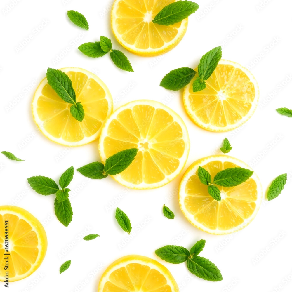 Fototapeta premium Freshly cut lemon slices with vibrant yellow flesh arranged on clean surface for citrus freshness 