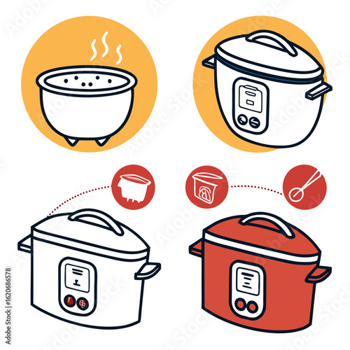 Flat design rice cooker UI icons for food delivery or recipe apps – sleek silhouette, bold colors, and optimized for small display