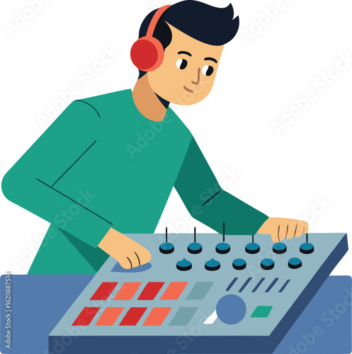 Young dj with headphones mixing music on equipment isolated on transparent background