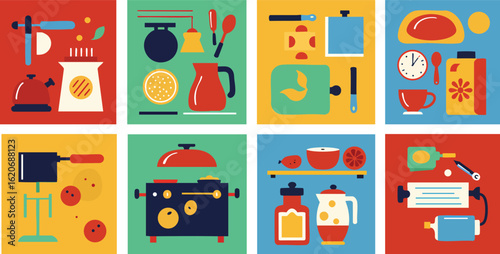 Flat Design Illustration Set of Everyday Kitchen and Cooking Activities