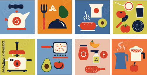 Flat Design Illustration Set of Everyday Kitchen and Cooking Activities