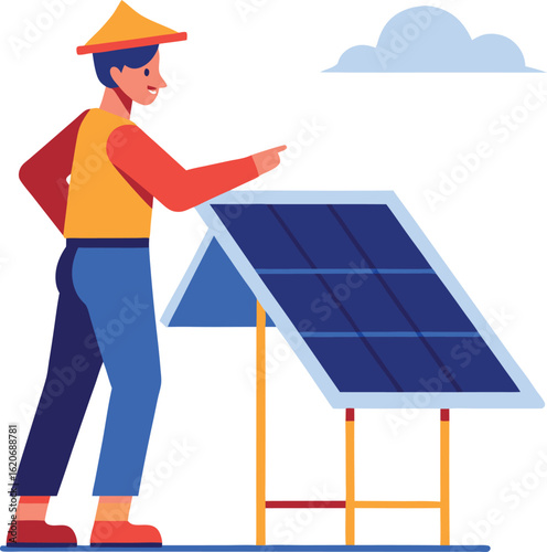 Man in hat installing solar panel isolated on transparent background